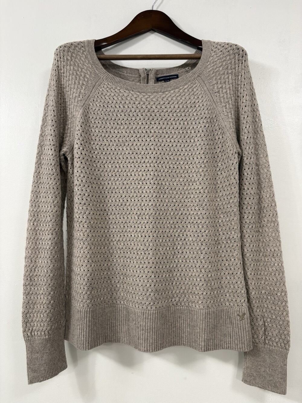American Eagle Womens XL Open Knit Sweater Taupe Wool Blend Back Zip Pullover